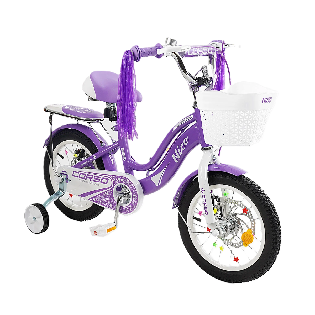 Дитячий велосипед двоколісний Corso Nice NC-14021/1 сталева рама/дискові гальма/додаткові колеса/дзвоник/пляшка/корзинка 14" (25415530)
