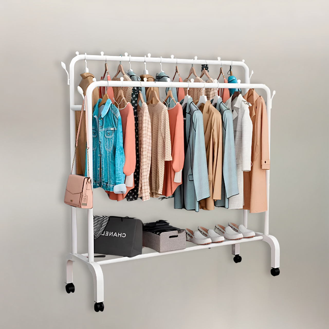 Стойкая-вешалка напольная для одежды с крючками и полками для обуви Белый (463947650198)