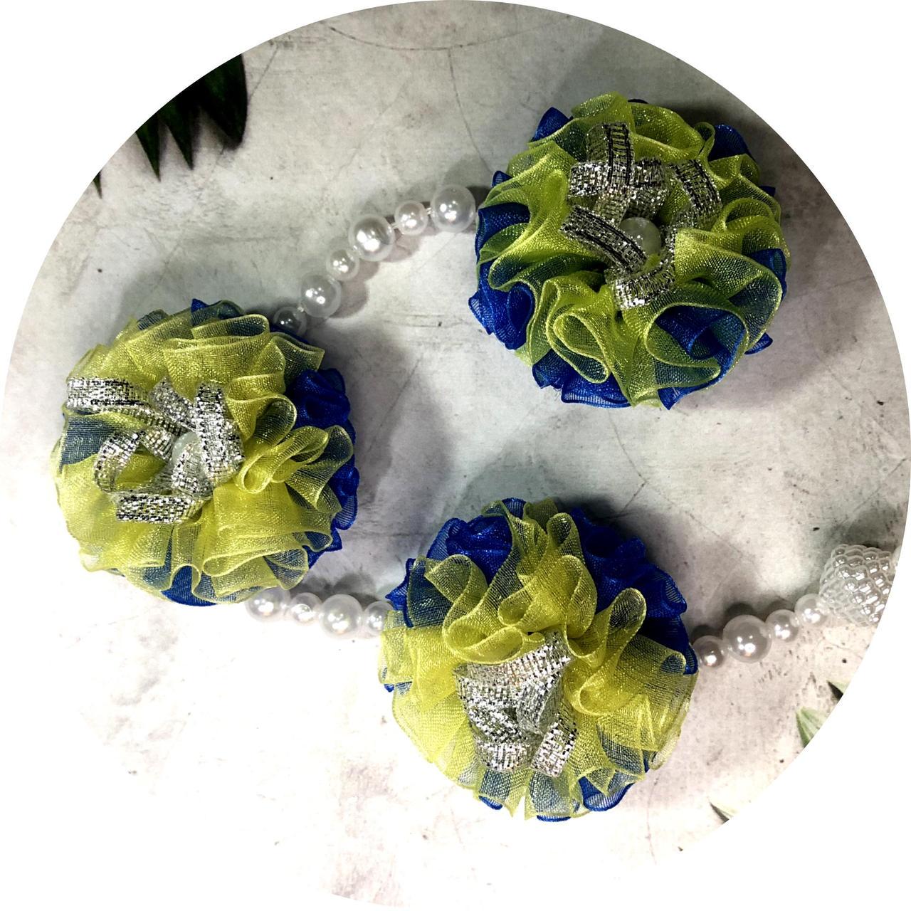 Стрічка в косу з квітками на заколках Жовто-синій (10854)