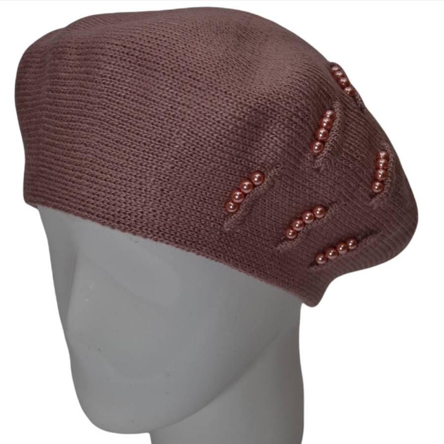 Берет женский Lirus Вишня из шерсти двойной с бусинами Светло-пудровый
