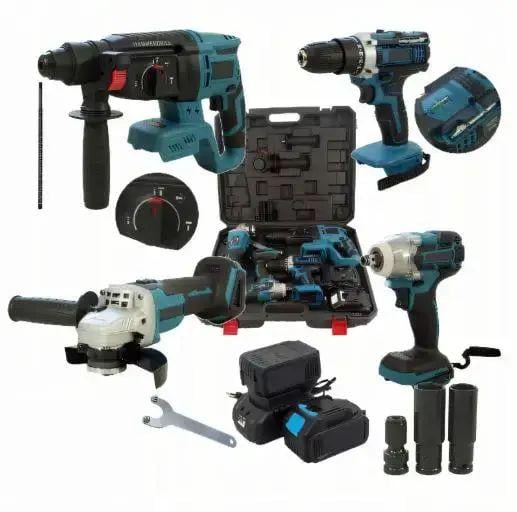 Набор электроинструментов 4в1 шуруповерт/болгарка/перфоратор/гайковерт аккумуляторные Черно-синий (opt-14825)