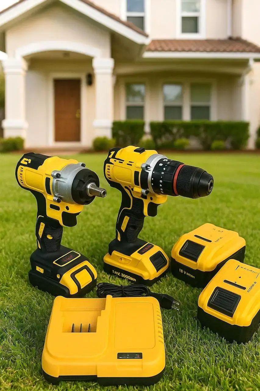 Набор 2в1 гайковерт и шуруповерт 2 АКБ бесщеточные с индикатором заряда и подсветкой 48 Вт/4.0Ah Черно-желтый