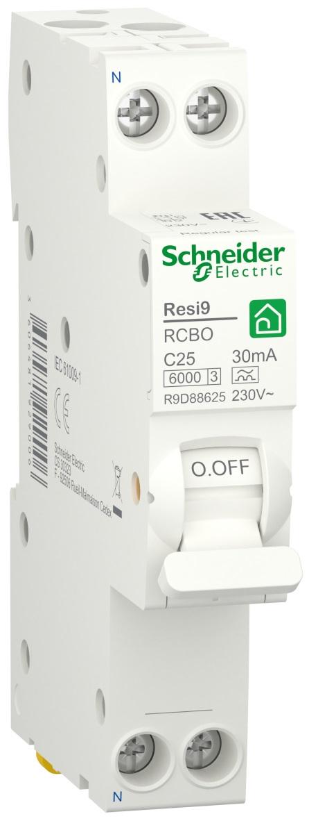 Дифференциальный выключатель Schneider Electric RESI9 1P+N 25A 30мA C тип А (R9D88625) - фото 1