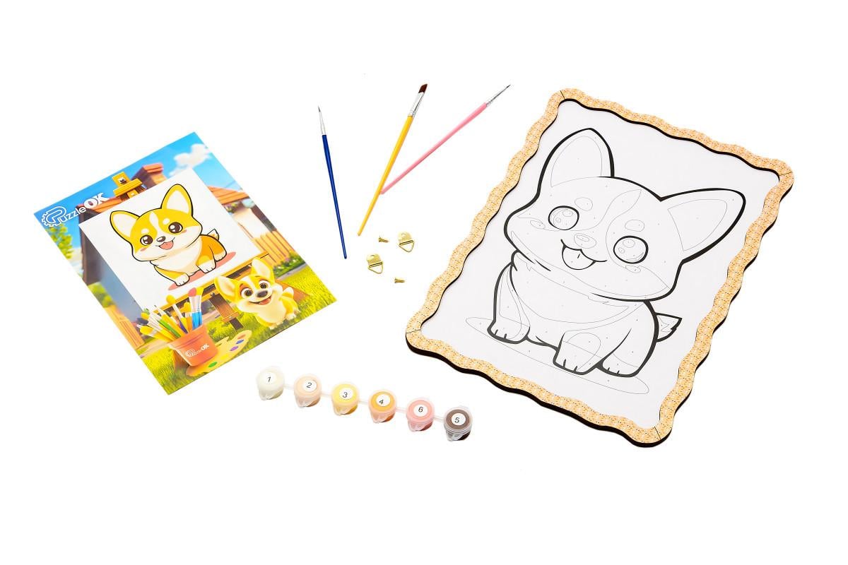 Игрушка-раскраска развивающая из дерева PuzzleOK Корги с красками