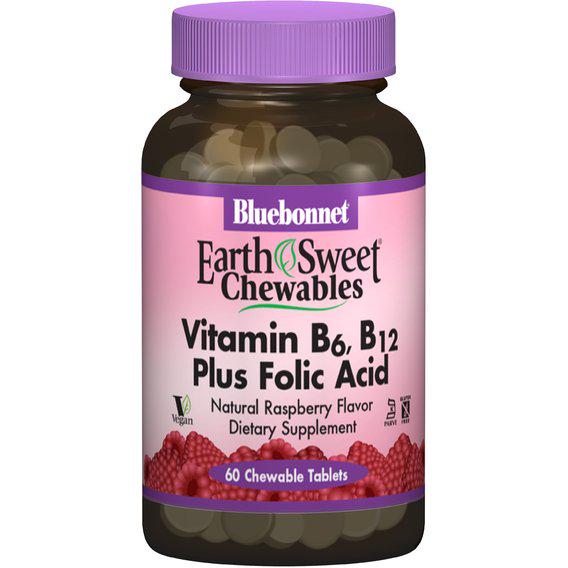 Фолиевая кислота Bluebonnet Nutrition Vitamin B6 B12 и Folic Acid 60 Chewable Tabs Natural Raspberry Flavor (BLB0445)