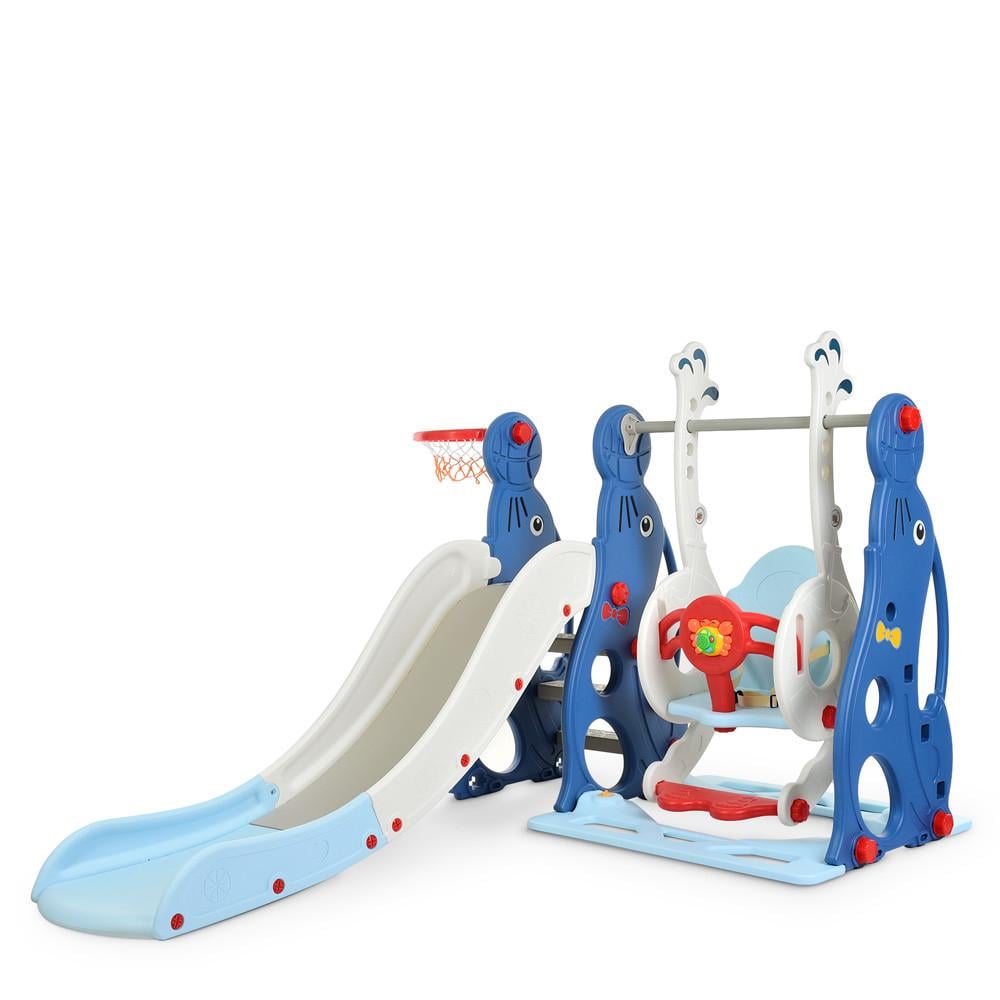 Детский игровой комплекс пластиковый Bambi WM19020 2в1 горка с качелями и кольцом 159х38х54 см Бело-синий (150-7-WM19020-4)