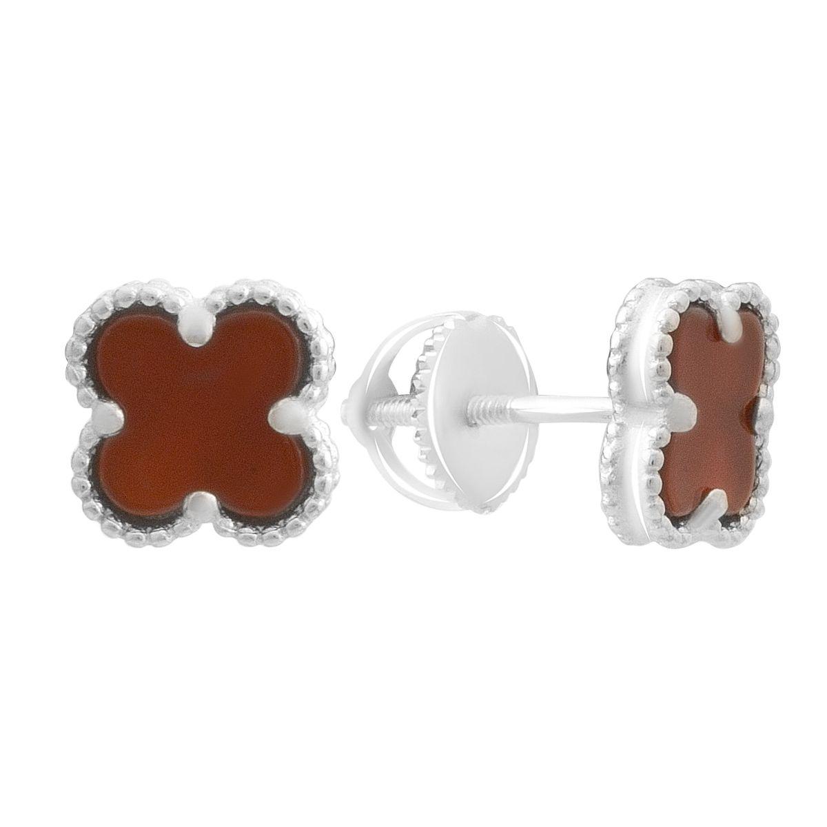 Серьги серебряные пусеты с агатом форма четырехлистника Коричневый