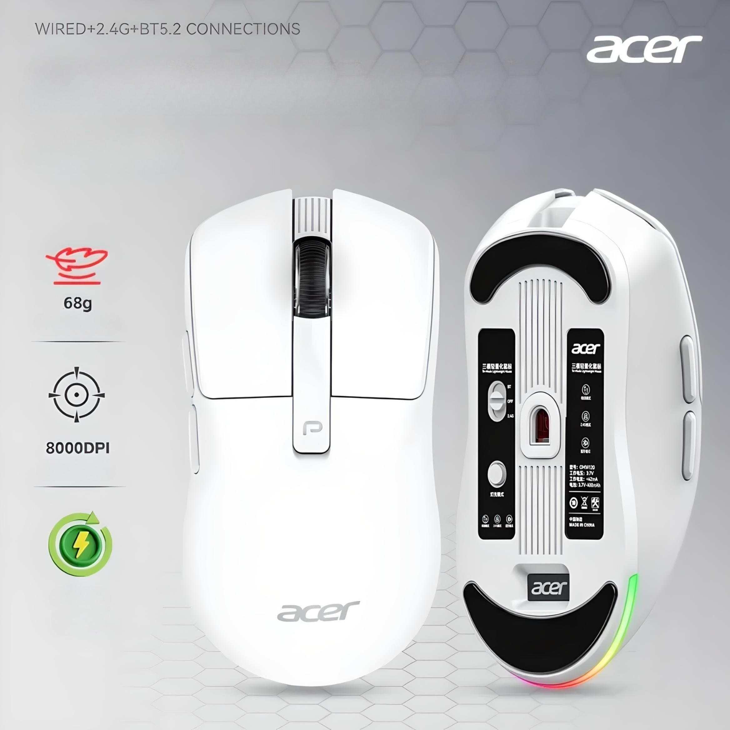 Комп'ютерна мишка Acer OMW120 USB/Bluetooth 2,4 ГГц RGB 8000 DPI Білий (17861942) - фото 4