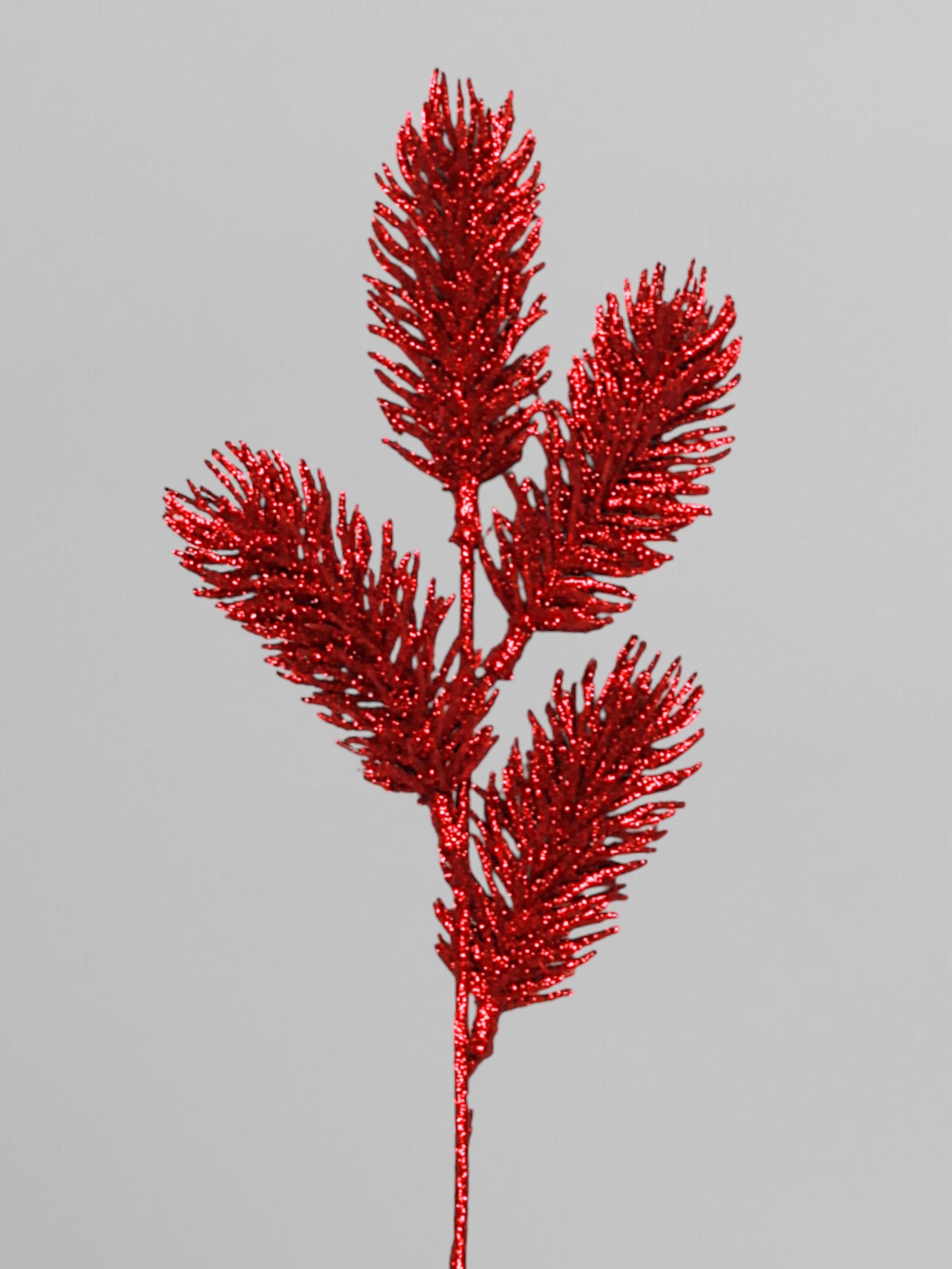 Хвойная ветка блестящая с глитером 34 см Красный (Р03086)