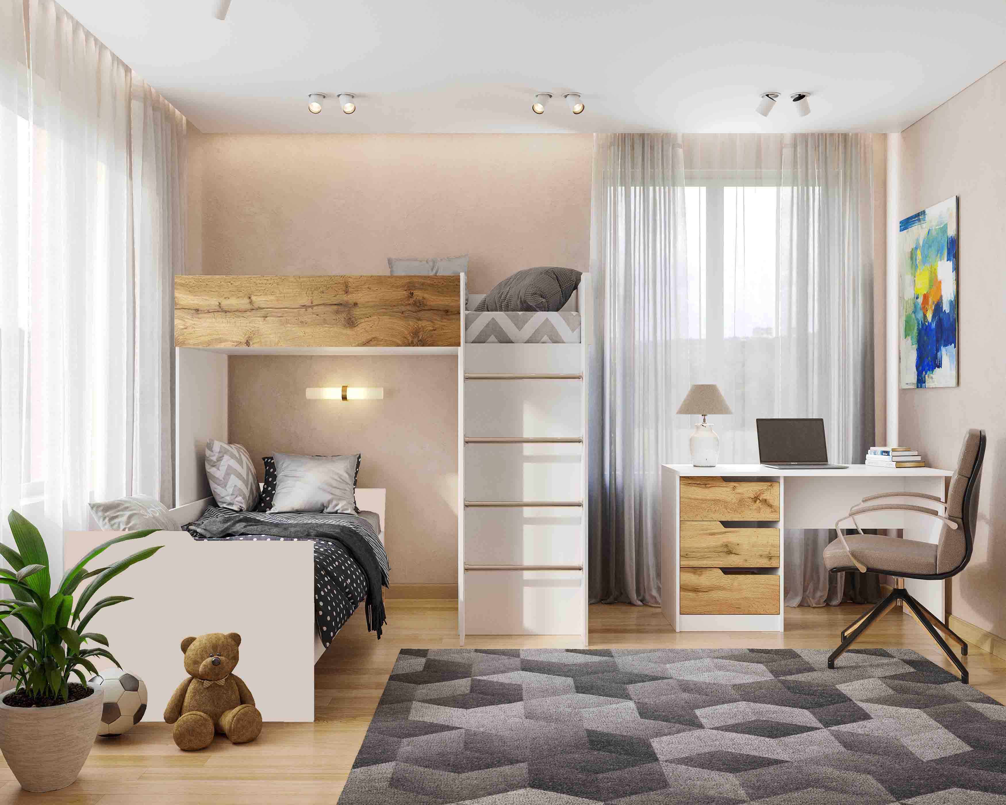 Комплект для детской BED-ROOM 3 две кровати/шкаф и письменный стол 1940x1020x1690 мм Белый/Дуб Тахо