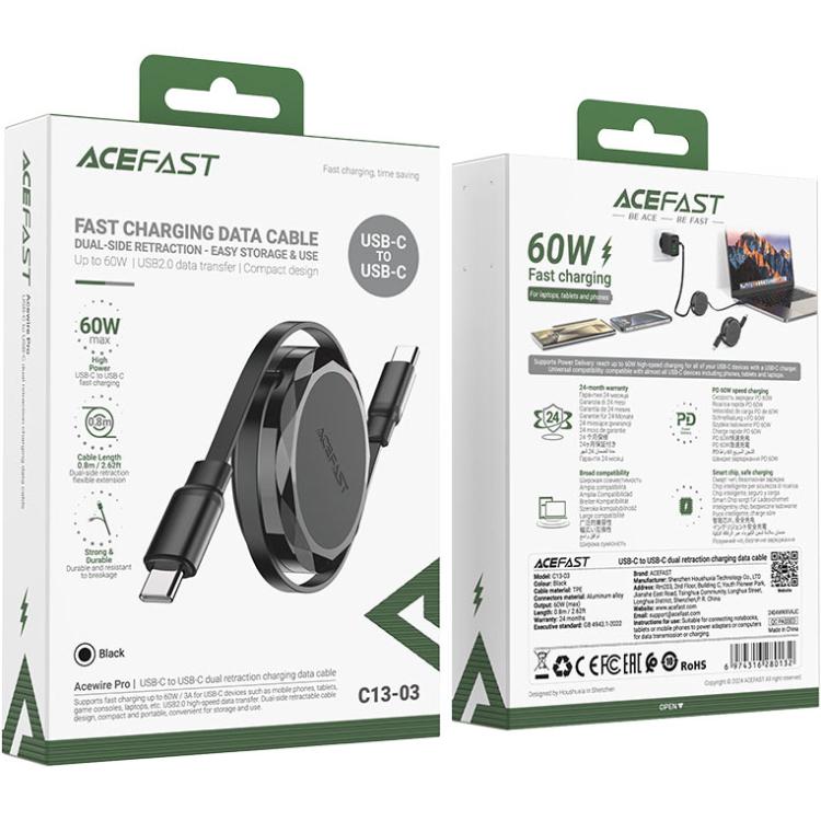Кабель-рулетка Acefast C13-03 USB 2.0 Type-C to Type-C 60W 3A dual retraction 0,8 м Black (6974316280132) - фото 4 Кабель-рулетка Acefast C13-03 USB 2.0 Type-C to Type-C 60W 3A dual retraction 0,8 м Black (6974316280132) - фото 4