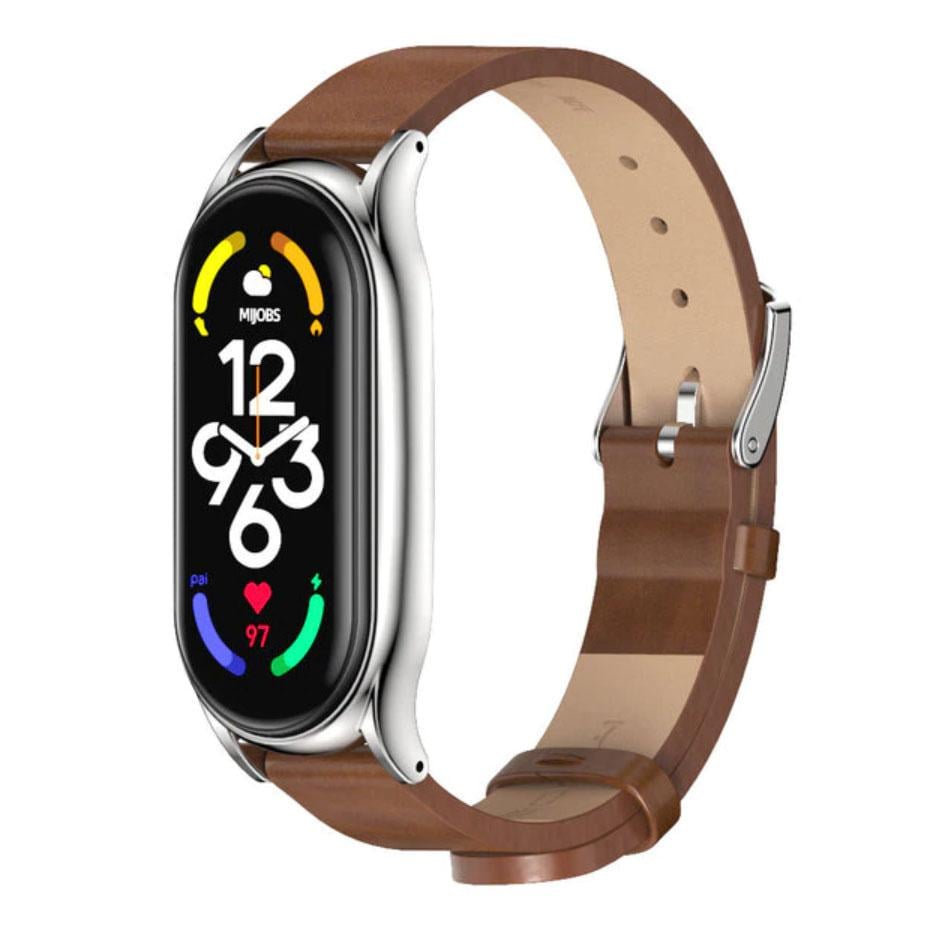 Ремінець шкіряний Primo Mijobs для фітнес-браслета Xiaomi Mi Smart Band 7 Brown/Silver