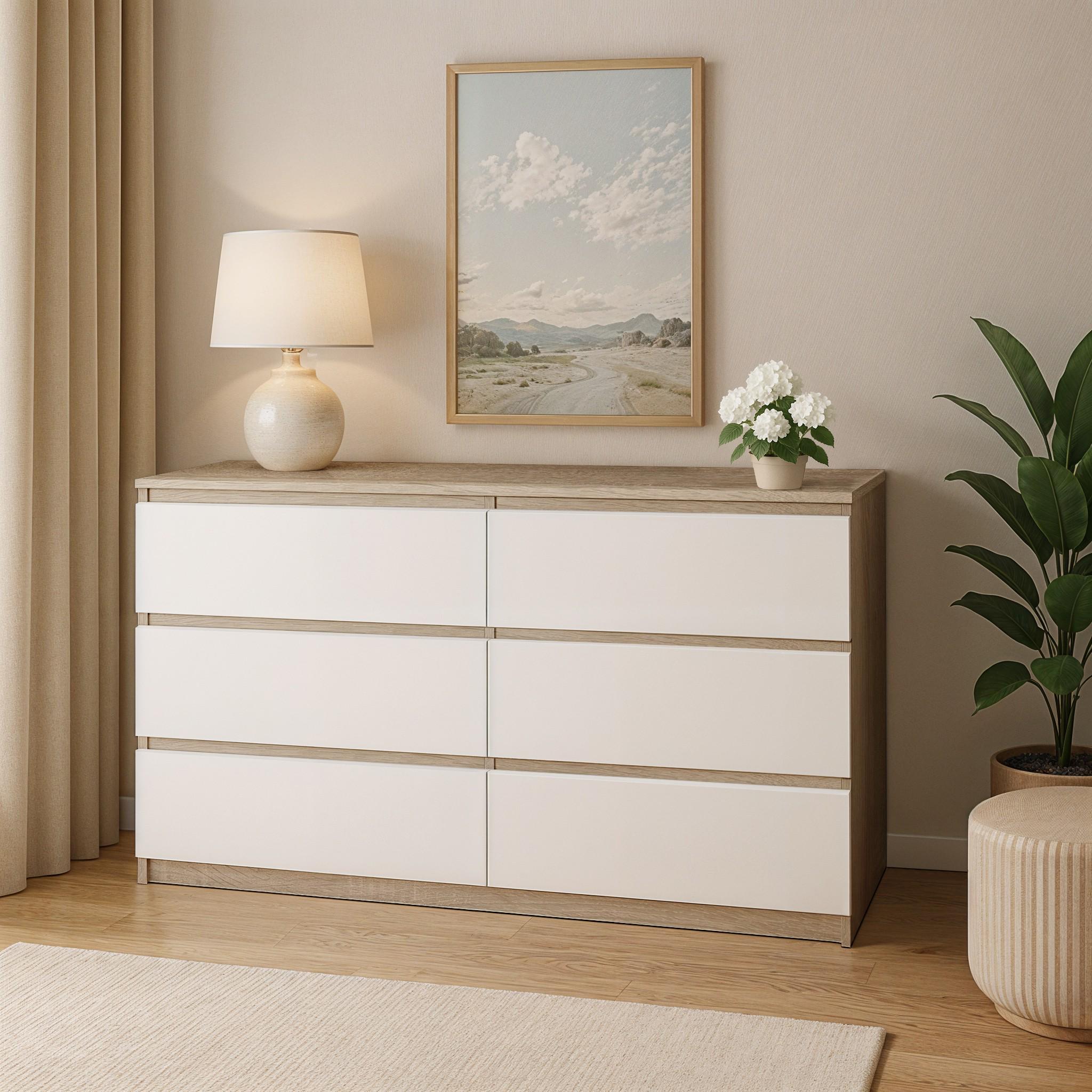 Комод на 6 ящиков без ручек Kvatro 130 1300х400х750 мм Дуб Сонома/Белый - фото 1 Комод на 6 ящиков без ручек Kvatro 130 1300х400х750 мм Дуб Сонома/Белый - фото 1