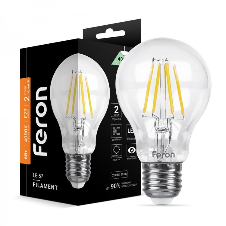 Лампа груша Feron LB-57 6W E27 4000K світлодіодна філамент • Краща ціна ...