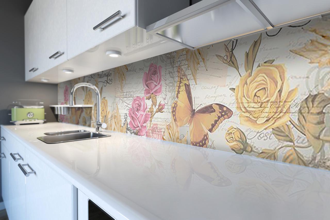 Кухонный фартук Текстура бабочка розы винтаж из самоклеющейся виниловой пленки 60х250 см Бежевый