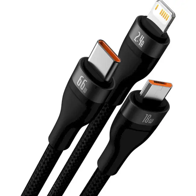 Кабель BASEUS Flash Series II 3в1 Cable USB to MicroUSB/Lightning/Type-C CASS040001 66W 1,2 м Black - фото 2