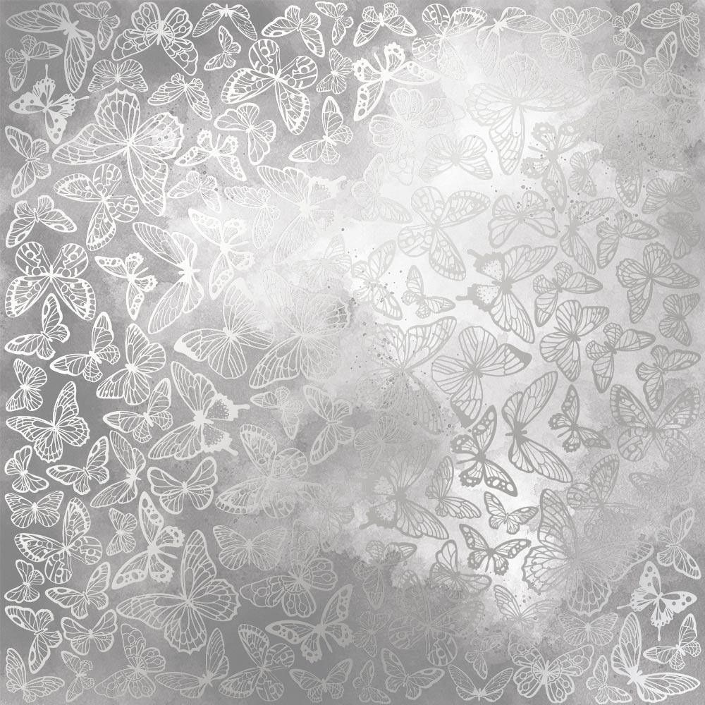 Лист бумаги односторонний Silver Butterflies с серебряным тиснением 30,5х30,5 см Grey/Watercolor