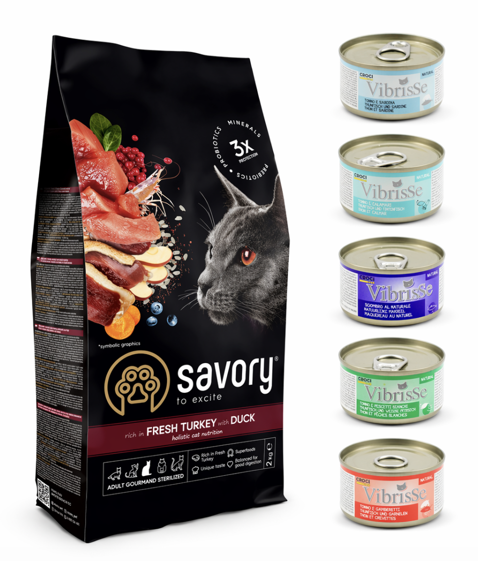 Набор корма для стерилизованных кошек Savory с индейкой и уткой 2 кг и консервы Vibrisse 5 шт. по 70 г (4820232631591)