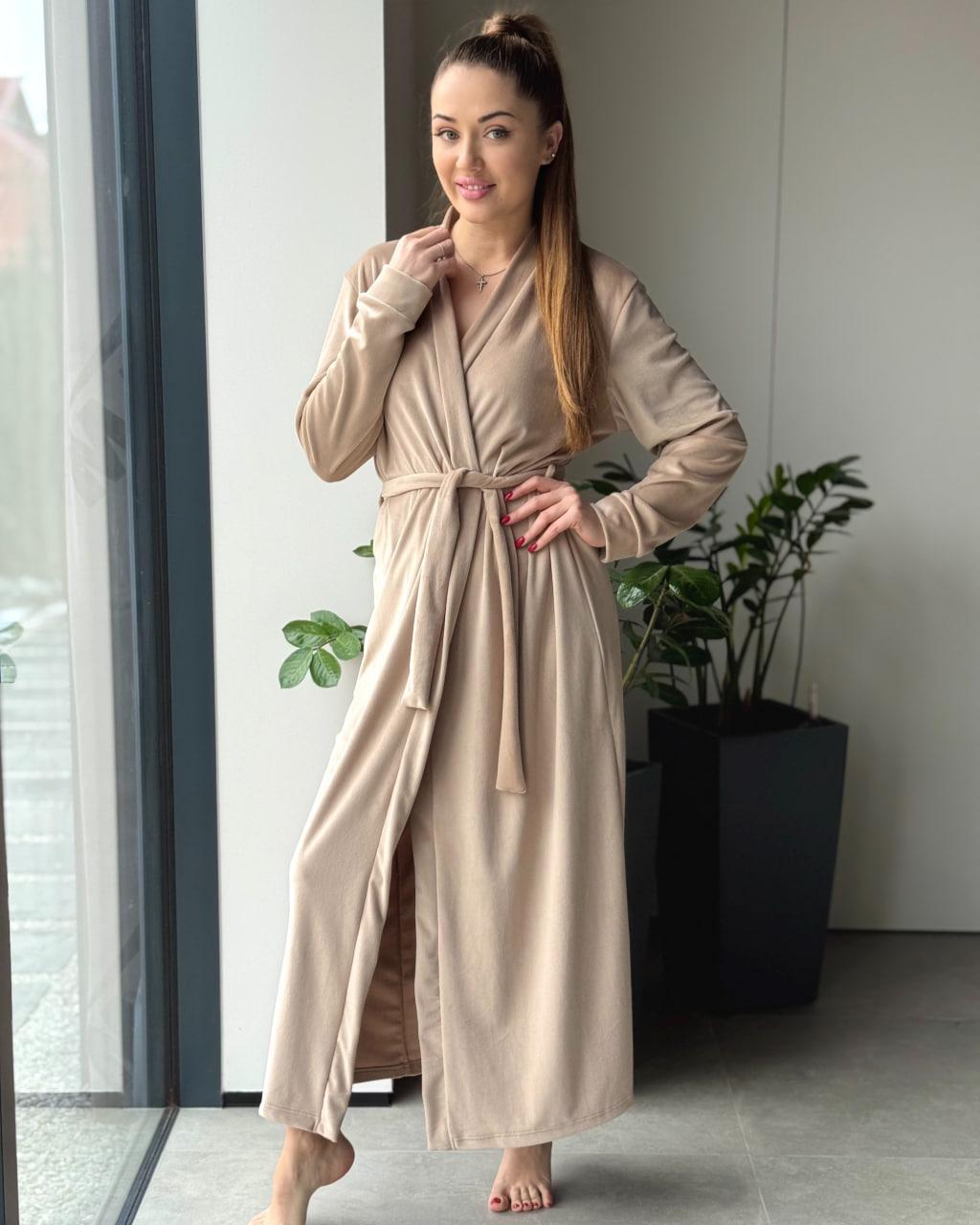 Халат женский велюровый Maybel макси 2XL/3XL Капучино (2914876717)
