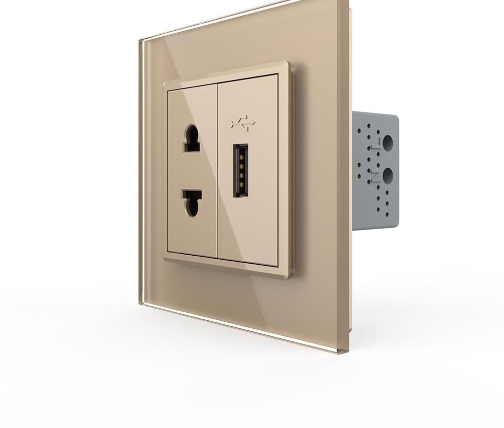 Розетка универсальная LIVOLO с USB-портом LIVOLO настенная дизайнерская стеклянная рамка Золотой (VL-C7FCT25/FCUA-2AP)