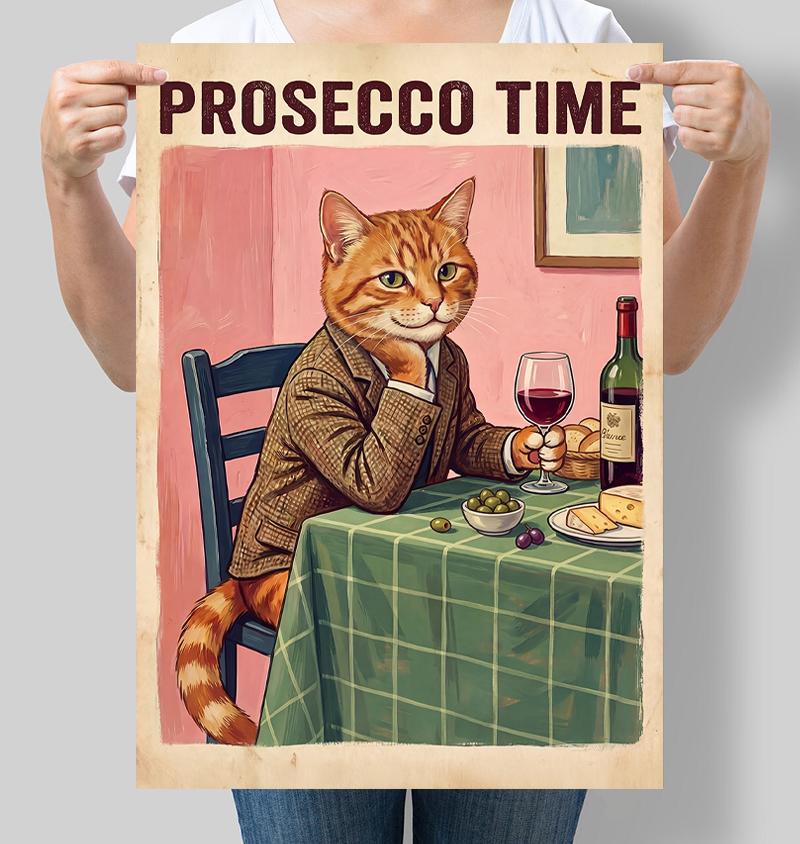 Постер интерьерный с котом Prosecco Time Время просекко 30x42 см A3 без рамки (DZ142_A3)