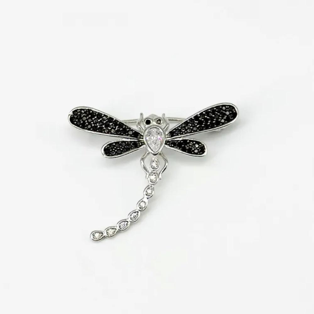 Брошка бабка з чорними каменями срібло 925 проби родоване 3,40 г (бр2фо/044)