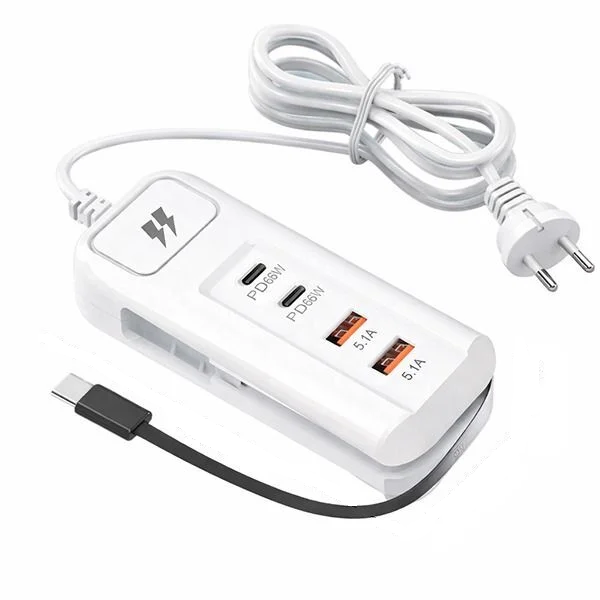 Зарядний пристрій з 2 портами USB-C PD 3.0/2 портами USB-A 65 Вт та кабелем 1 м (Y02513) Зарядний пристрій з 2 портами USB-C PD 3.0/2 портами USB-A 65 Вт та кабелем 1 м (Y02513)