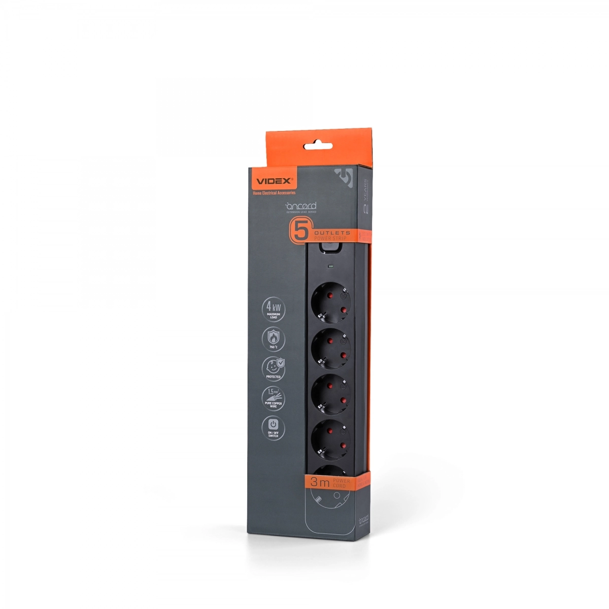Подовжувач мережевий VIDEX ONCORD з/з 5п з кнопкою 3 м 3x1,5 мм Black (VF-PD53G-B)