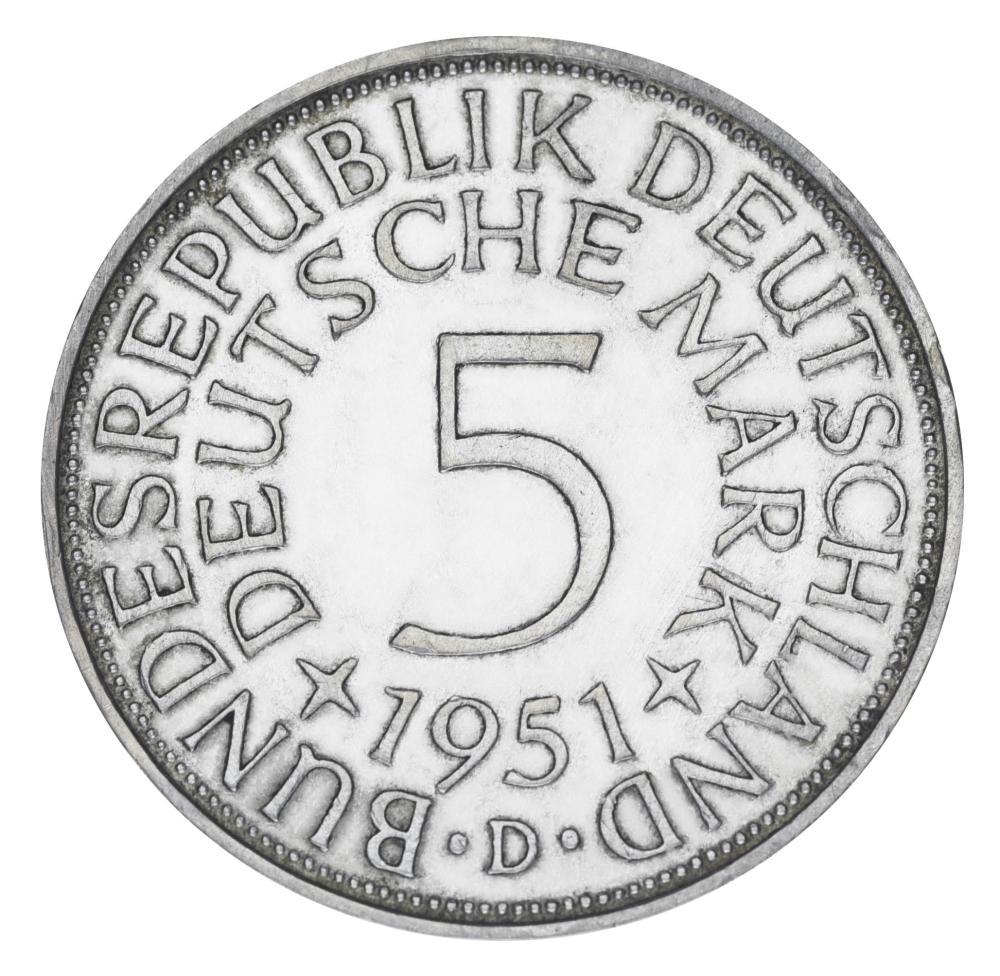 Коллекционная монета Германия 5 марок 1951 серебро F-VF Западная Германия/ФРГ Регулярная чеканка 11,2 г (М19816)