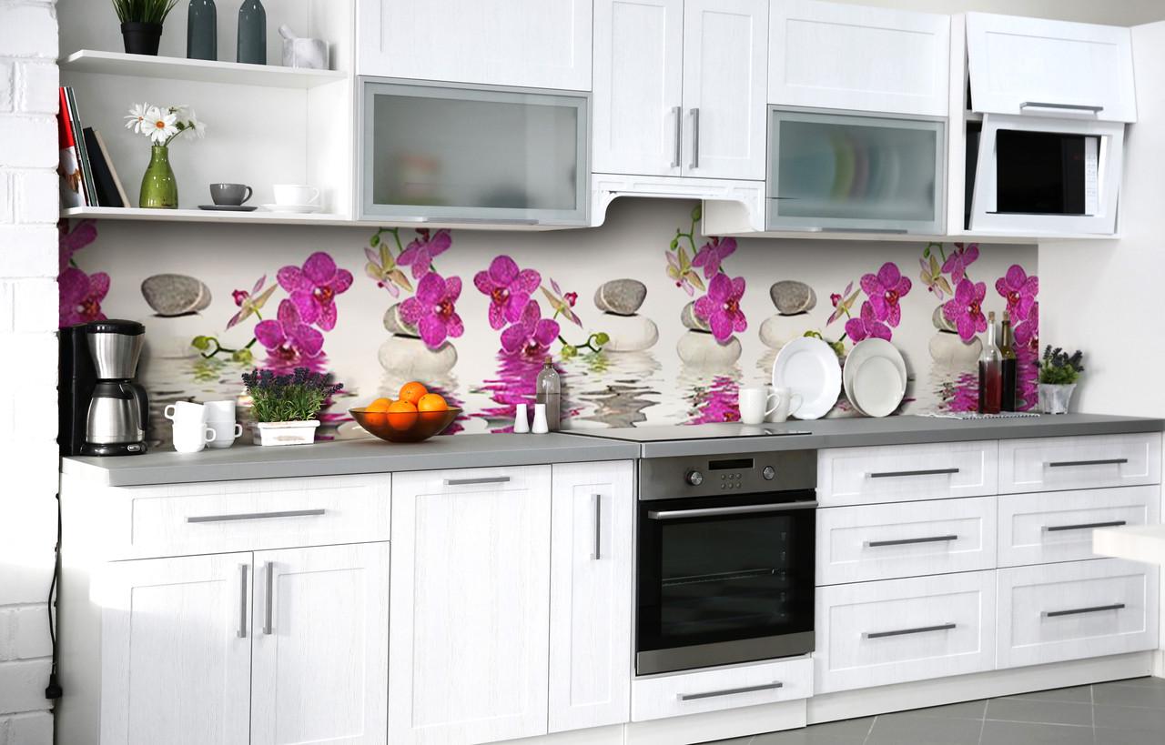 Кухонный фартук Орхидеи камни вода виниловый самоклеющийся 60х250 см Розовый