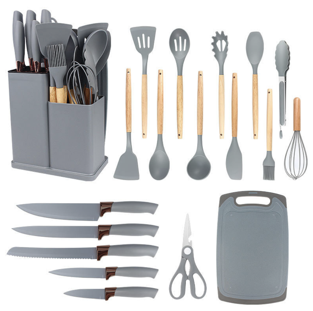 Набор кухонных принадлежностей 19 предметов с деревянной ручкой на подставке Серый (Е500109) - фото 1 Набор кухонных принадлежностей 19 предметов с деревянной ручкой на подставке Серый (Е500109) - фото 1