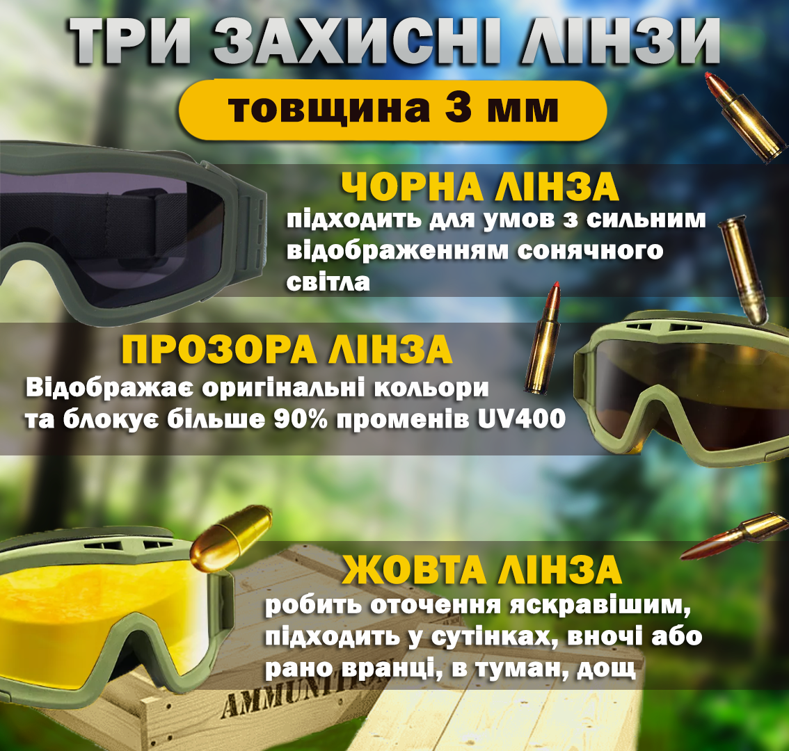 Очки-маска со сменными линзами 3 линзы и чехол Оливковый - фото 7