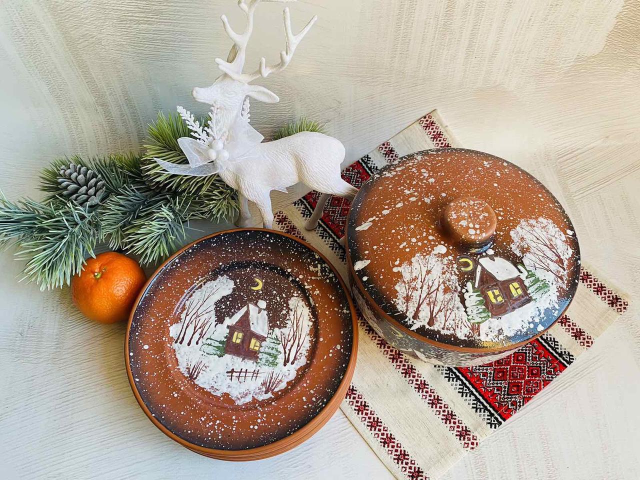 Набор глиняной Рождественской посуды Зима 4 персоны с рисунком ручной работы - фото 10