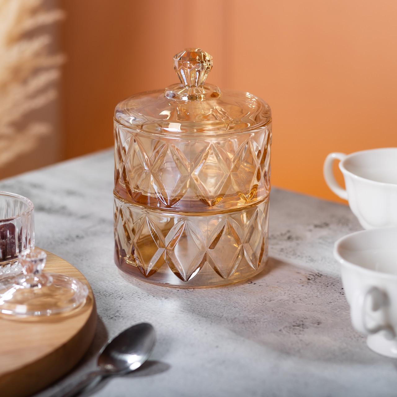 Цукерниця скляна із кришкою дворівнева Ø 10 см Коричневий (HP-YH-81) - фото 5