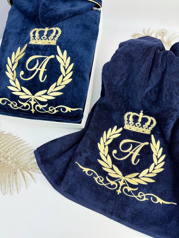 Банный набор мужской Family Tradition Королевский вензель велюровая махра с вышивкой Темно-синий (50302) - фото 2