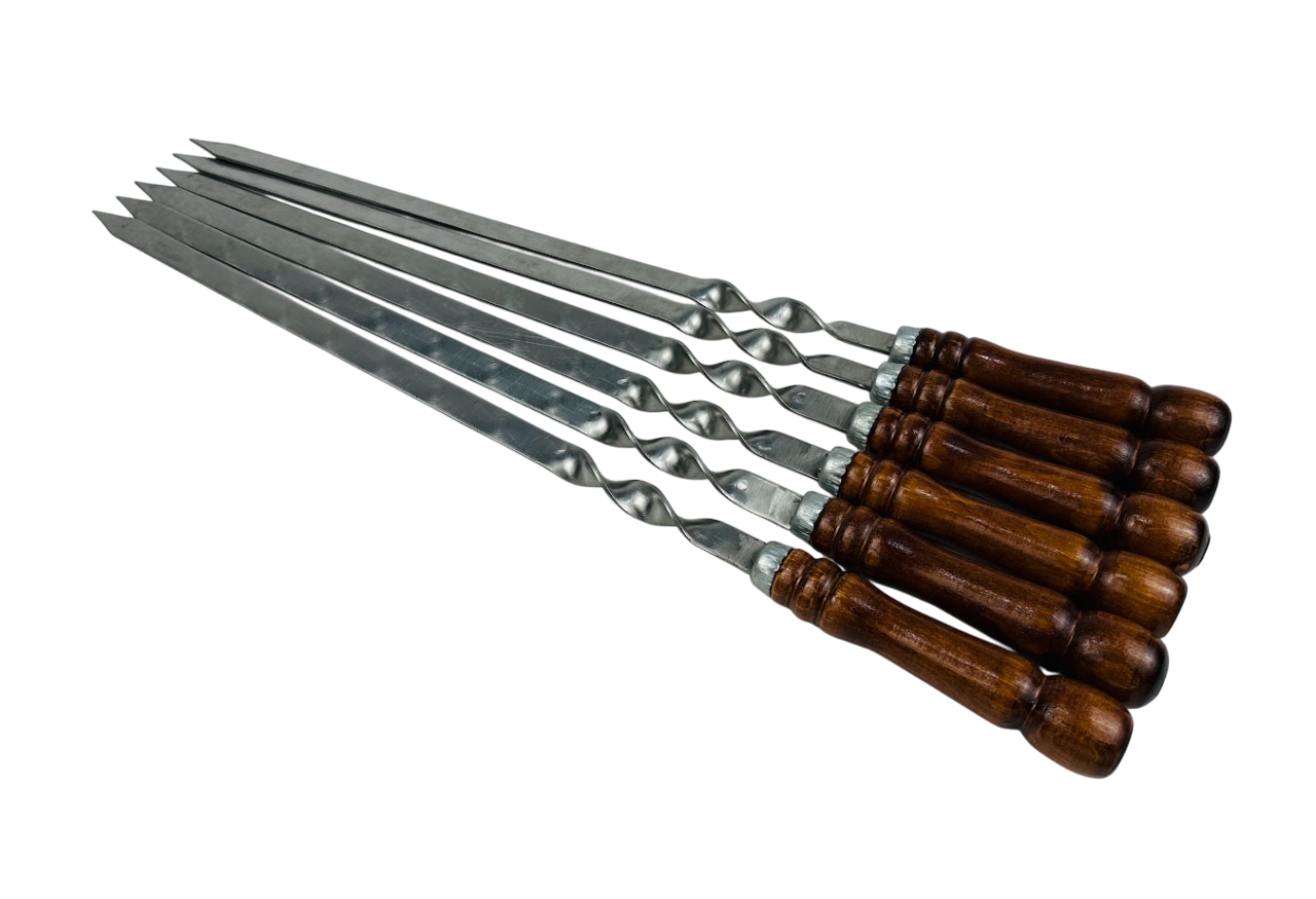 Набор шампуров Кизляр для люля кебаб из нержавеющей стали 3 мм с колпачком и деревянной ручкой 63 см 6 шт. Коричневый (124-10-SH-3107)