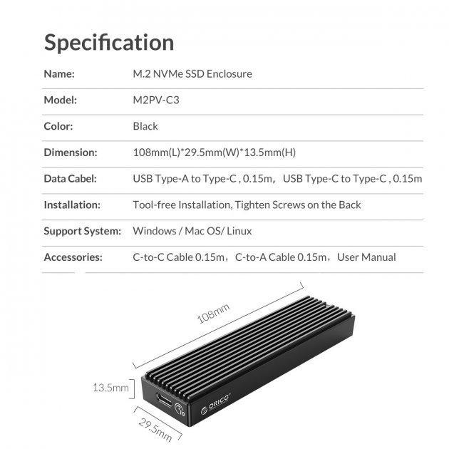 Карман Orico M2PV-C3 для M.2 SSD NVMe USB 3.1 GEN2 Type-C (oricoM2PV-C3) - фото 9