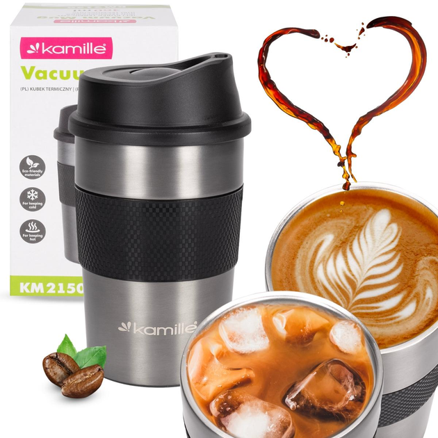 Термокружка Kamille KM-2150 из нержавеющей стали с TPR-вставкой 360 мл Стальной/Черный (150-84-2150) - фото 3