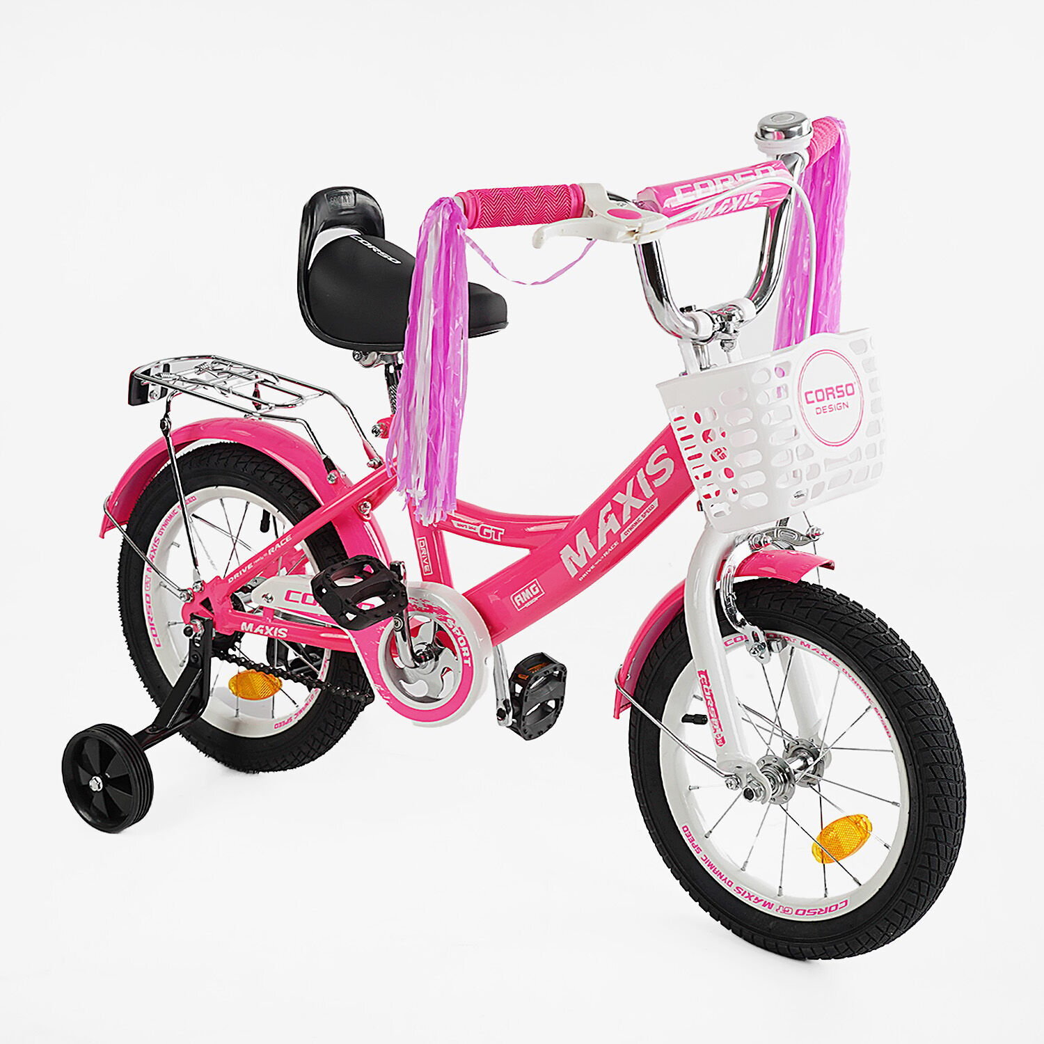 Велосипед двоколісний Corso MAXIS 14" для дівчинки з кошиком та багажником Малиновий - фото 1