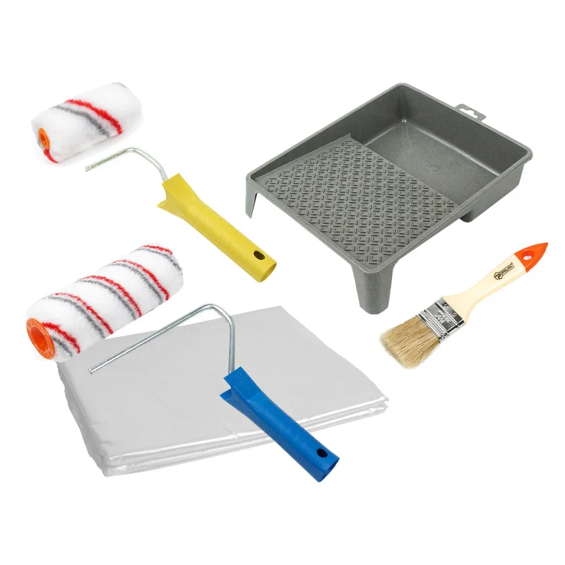 Малярный набор Polax,валики "Мультиколор" ванночка и кисть "Стандарт" 1,5" и защитная пленка (335-43)