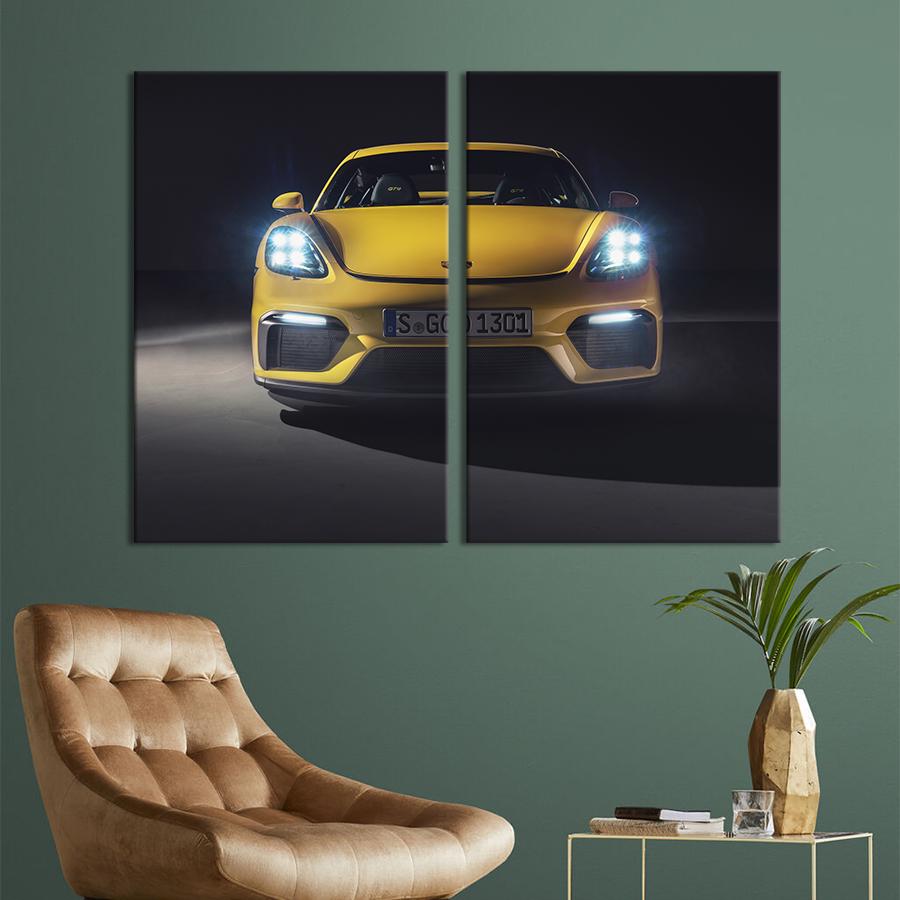 Картина на холсте Жёлтый Porsche 718 Cayman GT4 111x81 см (1384-2)