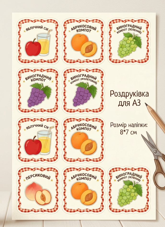 Наклейки для консервації Соки та компоти А3 12 стікерів 8х7 см (3120199428)