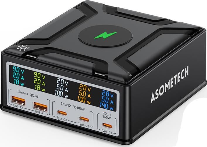Зарядний пристрій настільний ASOMETECH 868D 260W PPS PD3.1 QC3.0 3Type-C/2USB/Wireless/LED Black (43375)