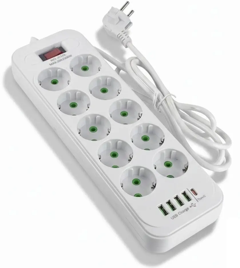 Удлинитель/разветвитель сетевой/фильтр 10A 2500W D10L 10-220V 4-USB 1-Type-C 5 м (35717673)