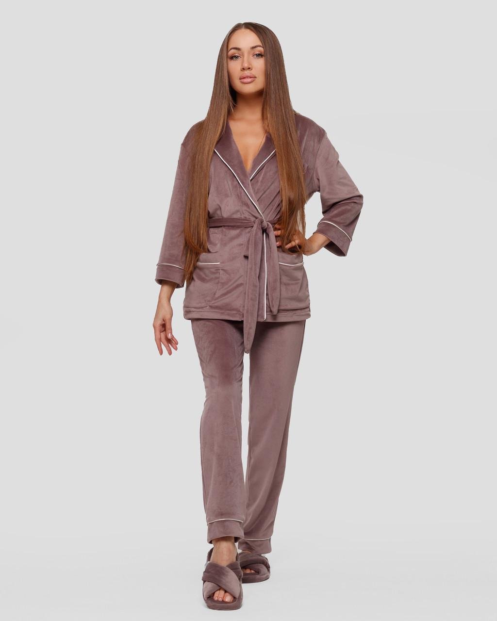 Костюм домашний женский велюровый халат с брюками 3XL Мокко (1805446999) - фото 5 Костюм домашний женский велюровый халат с брюками 3XL Мокко (1805446999) - фото 5