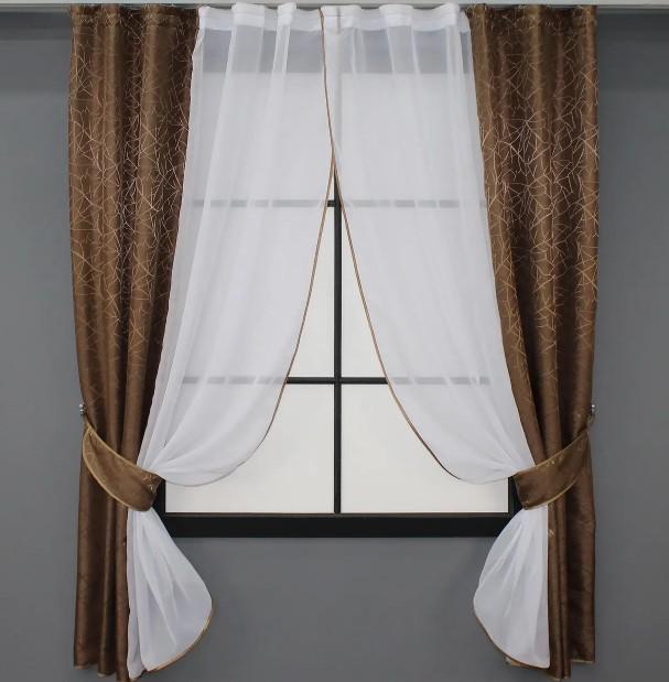Комплект штор на кухню 280х170 см Коричневый/Белый (109к) Комплект штор на кухню 280х170 см Коричневый/Белый (109к)