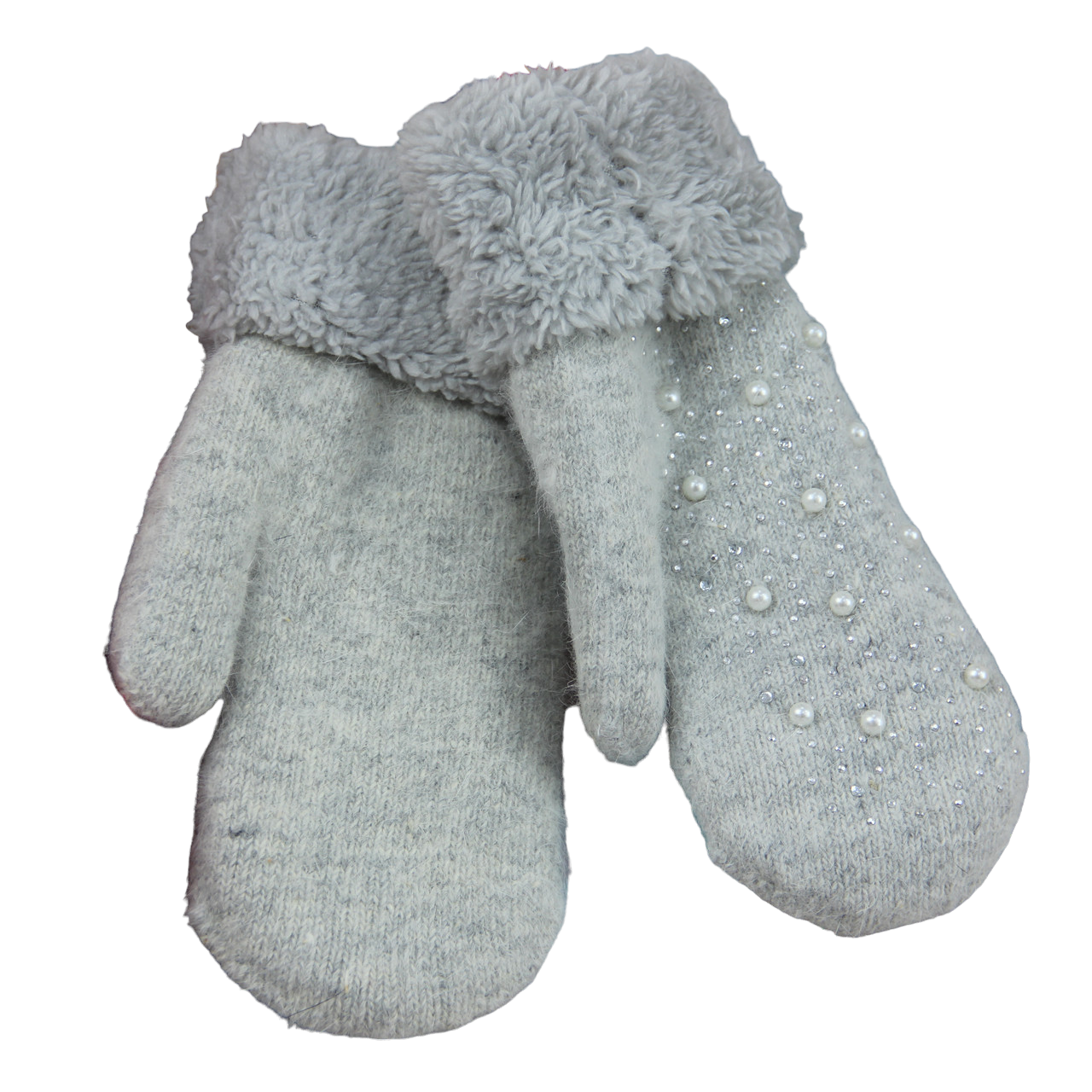 Перчатки женские шерстяные на меху с отворотом и бусинками М-L Светло-серый (33932)