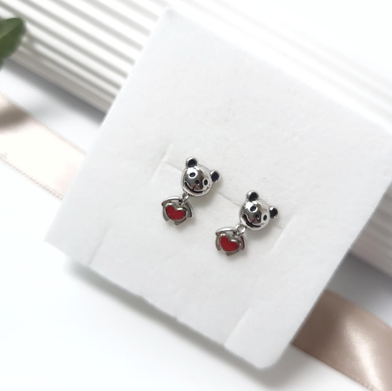 Серьги на фиксаторах Мишка с эмалью серебро 925 пробы 1,87 г (608)