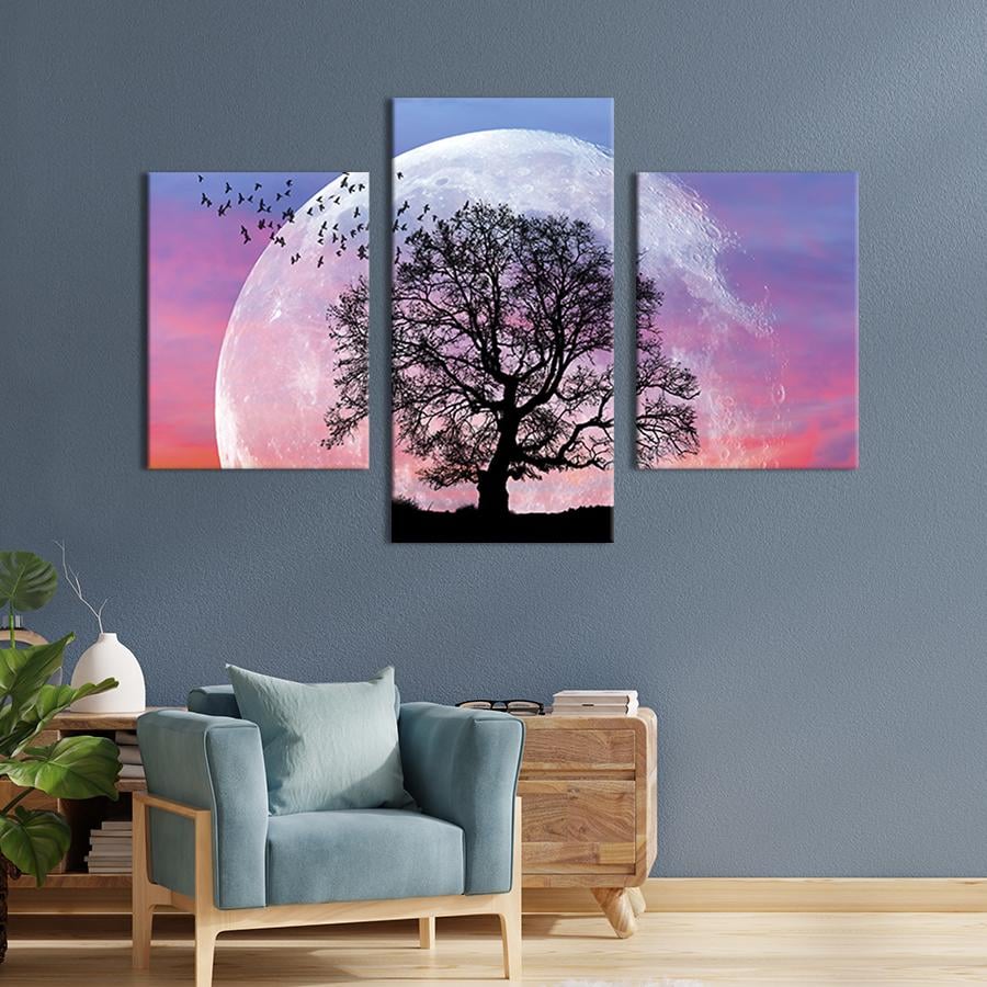 Модульная картина на холсте Триптих Стая птиц и дерево на фоне луны 141x90 см (600-32)