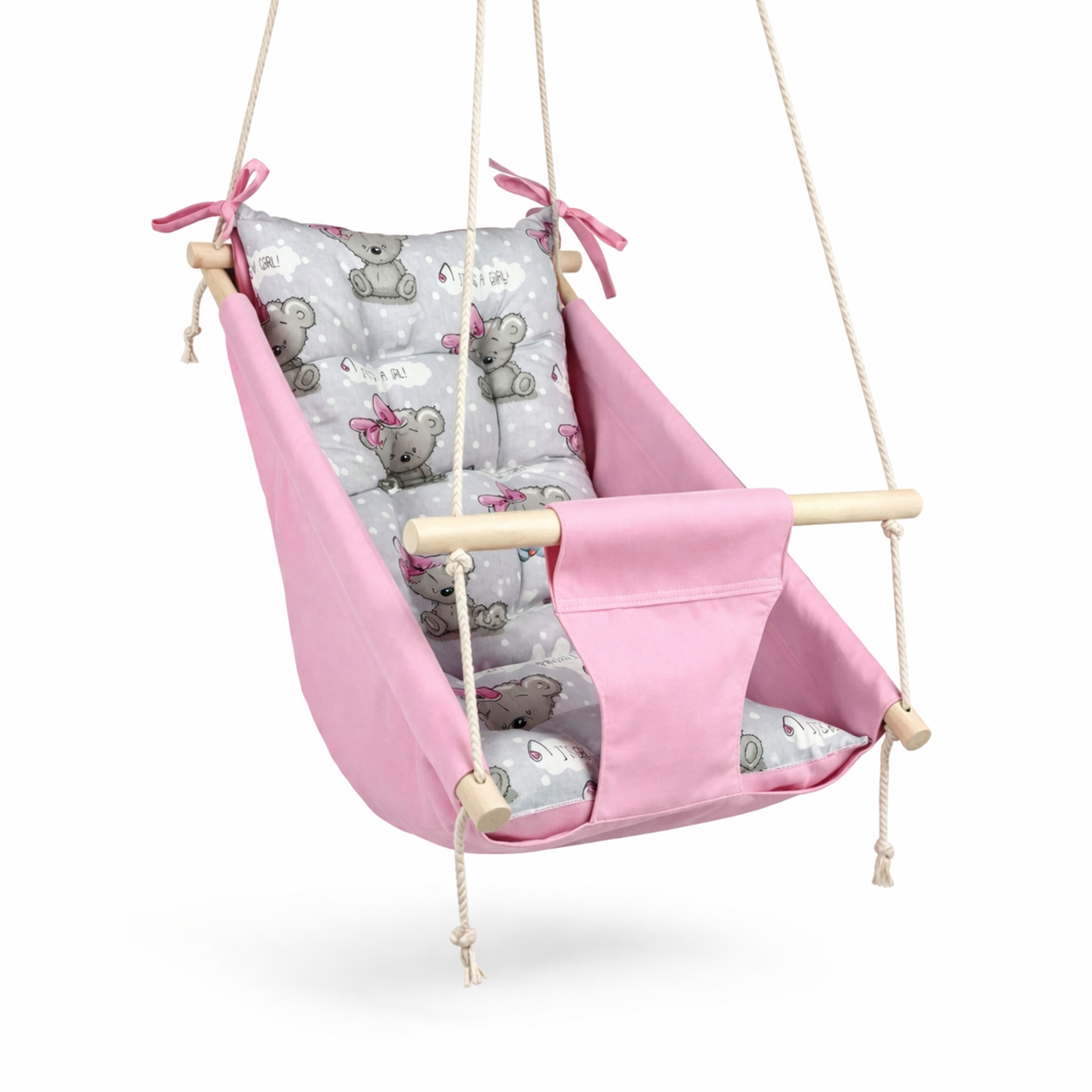 Детские качели подвесные Колыханка хлопок с мишками с бантиком Розовый (gs-9040)